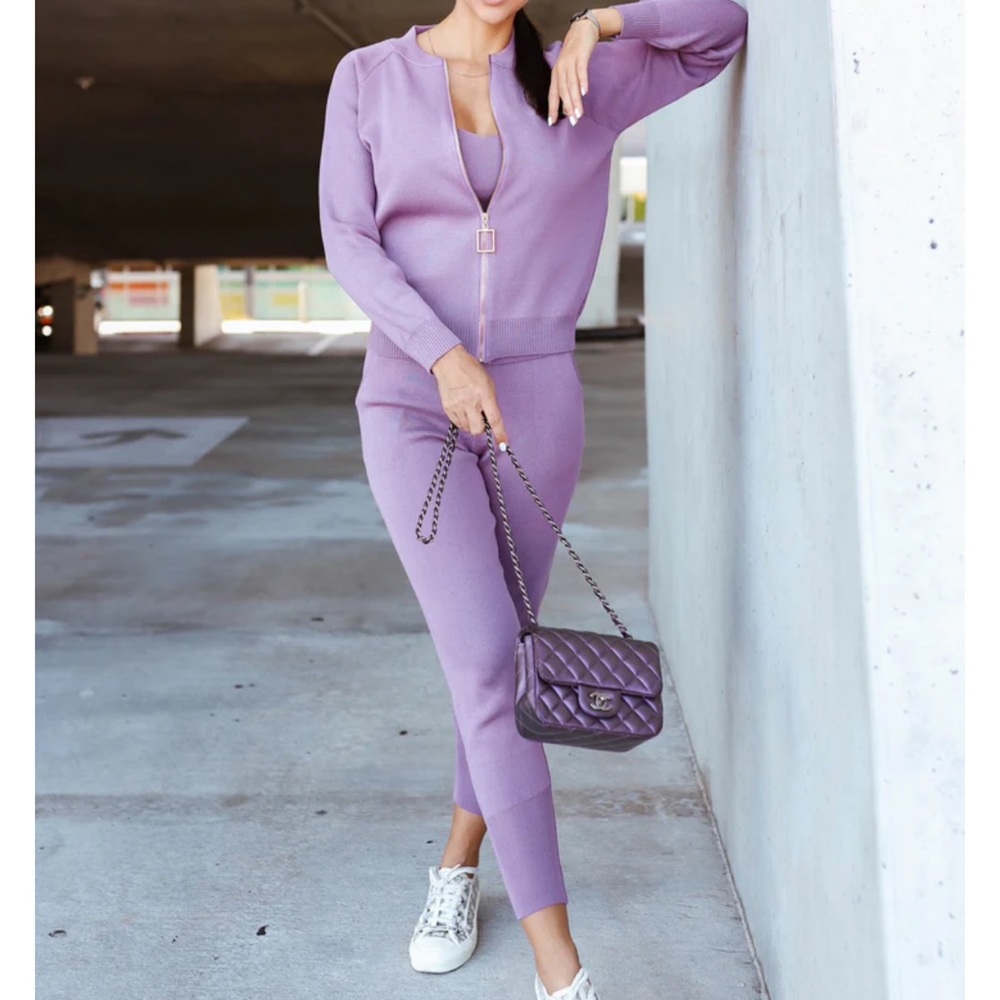 Soft Knitted set of top, cardigan, joggers pants - purple Lavender